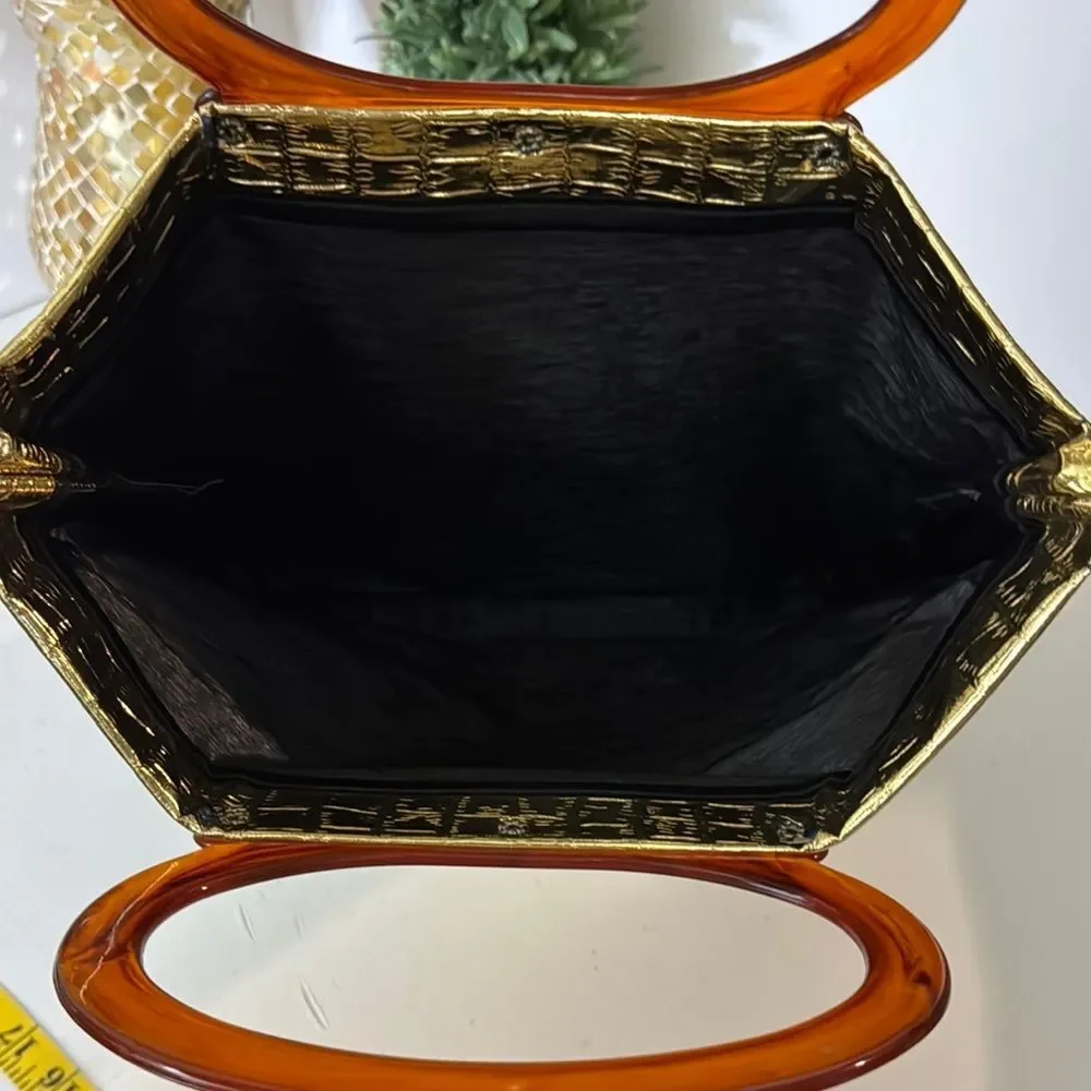 Vintage Gold Faux Croc Handbag with Amber Lucite Handle | Retro Glam Purse | Sta